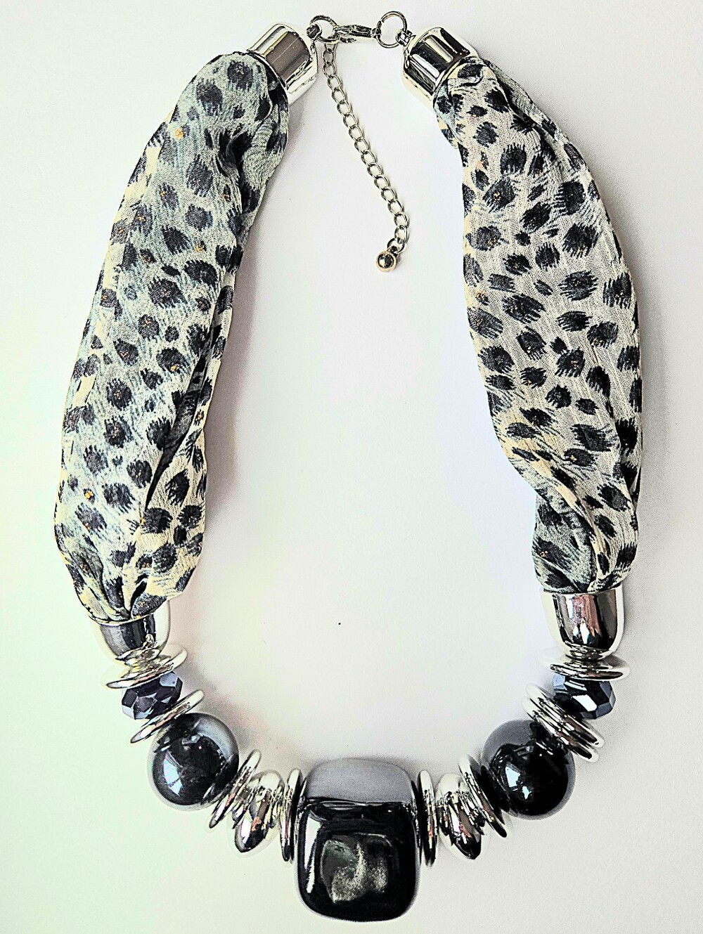 VTG Y2K Retro Leopard Fabric Scarf Necklace Mirror Chrome Chunky Statement Beads